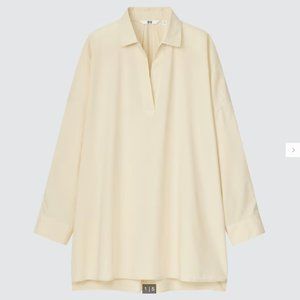 Uniqlo Cotton Relaxed Skipper Collar 3/4-Sleeve Shirt in Beige